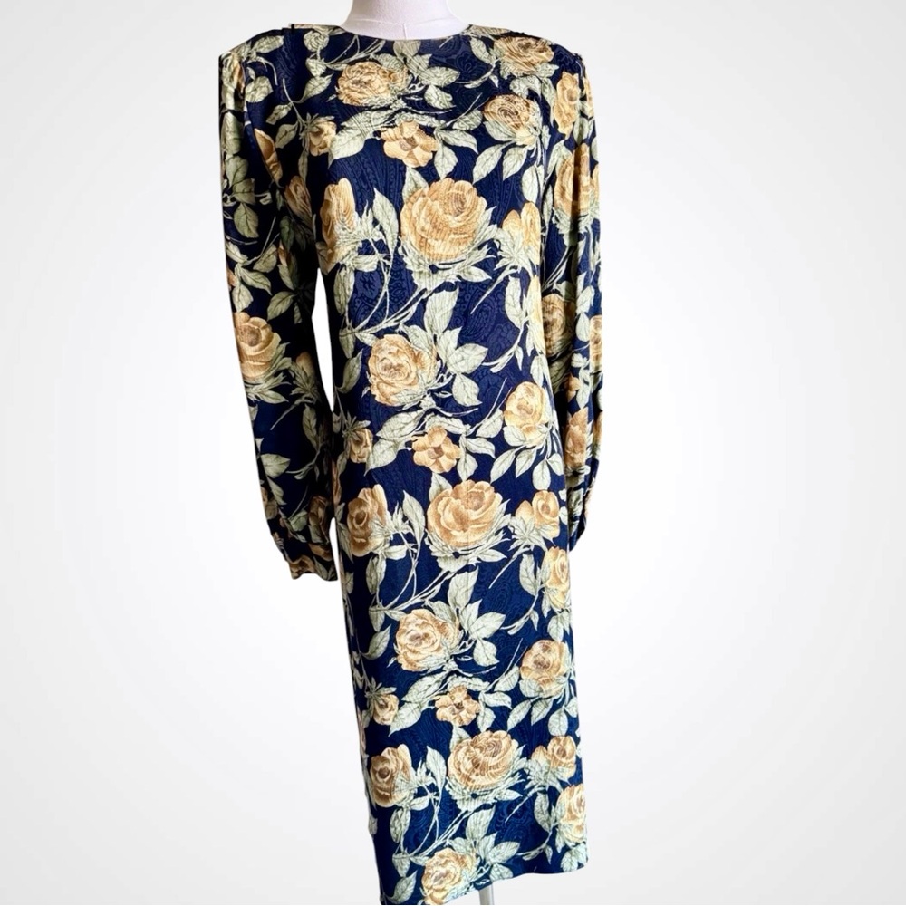 Lihli New York Silk Floral Dress Navy Blue Rust Tan Long Sleeve L Vintage
